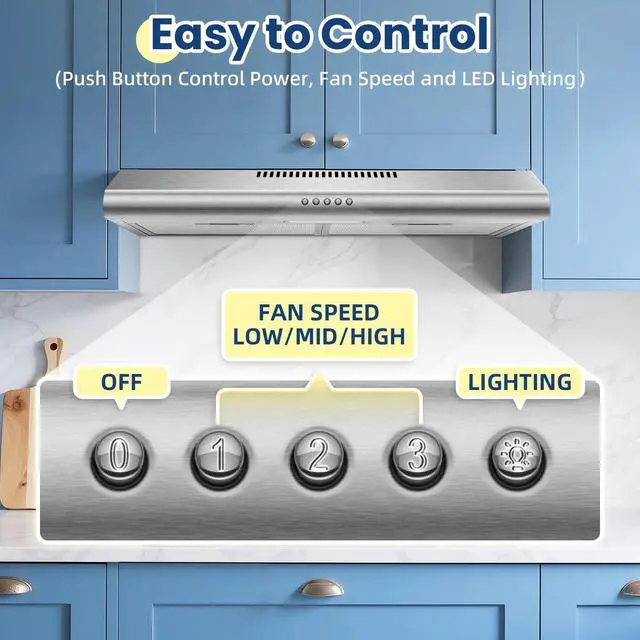 Alt view image 3 of 7 - Under Cabinet Range Hood 30 inch, Stainless Steel Kitchen Hood | Button Controls, 280 CFM Stove hood with Carbon Filter, Ducted/Ductless Convertible, 2 Pcs Aluminum Filters