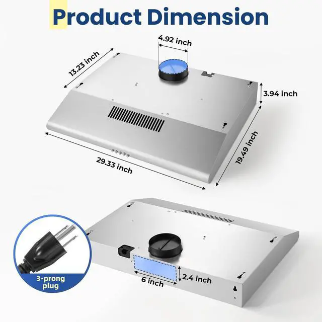 Alt view image 5 of 7 - Under Cabinet Range Hood 30 inch, Stainless Steel Kitchen Hood | Button Controls, 280 CFM Stove hood with Carbon Filter, Ducted/Ductless Convertible, 2 Pcs Aluminum Filters