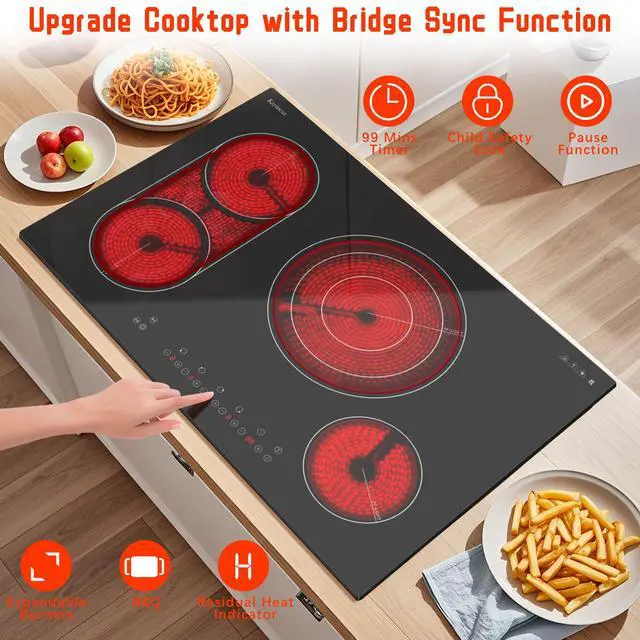 Alt view image 2 of 7 - Electric Cooktop 30 Inch, 4 Burners Electric Stove Top, Drop-in | Flexible Bridge &Triple Ring Expandable Burners, Pause, Timer, Child Lock, 7800W Built-in Ceramic Cooktop, 220-240V Hard Wire