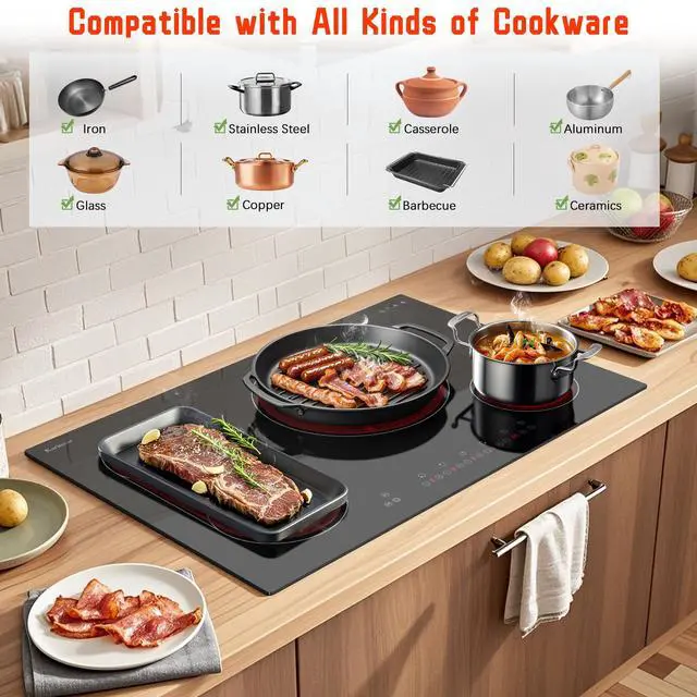 Alt view image 5 of 7 - Electric Cooktop 30 Inch, 4 Burners Electric Stove Top, Drop-in | Flexible Bridge &Triple Ring Expandable Burners, Pause, Timer, Child Lock, 7800W Built-in Ceramic Cooktop, 220-240V Hard Wire