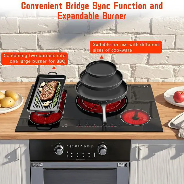 Alt view image 3 of 7 - Electric Cooktop 30 Inch, 4 Burners Electric Stove Top, Drop-in | Flexible Bridge &Triple Ring Expandable Burners, Pause, Timer, Child Lock, 7800W Built-in Ceramic Cooktop, 220-240V Hard Wire