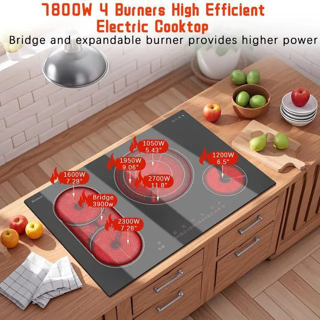 Alt view image 4 of 7 - Electric Cooktop 30 Inch, 4 Burners Electric Stove Top, Drop-in | Flexible Bridge &Triple Ring Expandable Burners, Pause, Timer, Child Lock, 7800W Built-in Ceramic Cooktop, 220-240V Hard Wire