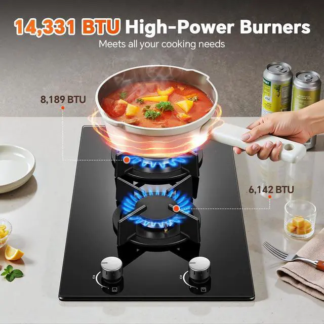 Alt view image 2 of 7 - Gas Stove 2 Burner, Propane Cooktop 12 Inch, Built-in Gas Cooktop Black Tempered Glass Stove Top with Thermocouple Protection, LPG/NG Dual Fuel Hob for Apartment, Kitchen, RV