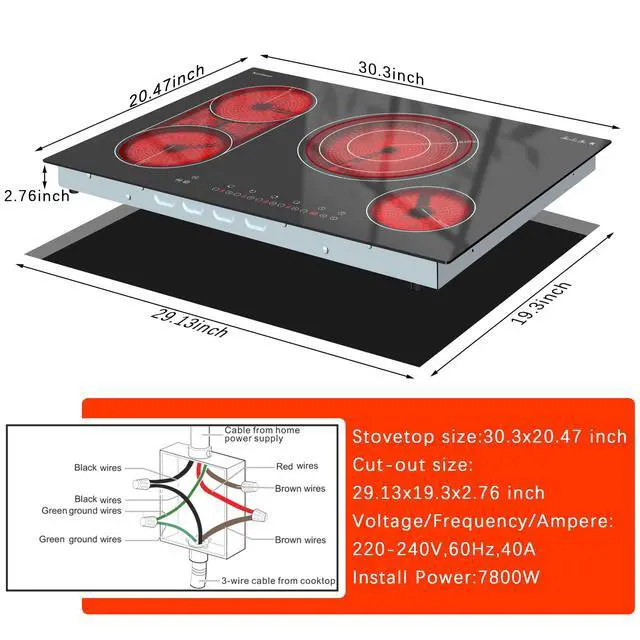 Alt view image 7 of 7 - Electric Cooktop 30 Inch, 4 Burners Electric Stove Top, Drop-in | Flexible Bridge &Triple Ring Expandable Burners, Pause, Timer, Child Lock, 7800W Built-in Ceramic Cooktop, 220-240V Hard Wire