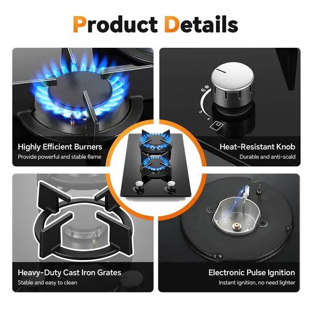 Alt view image 3 of 7 - Gas Stove 2 Burner, Propane Cooktop 12 Inch, Built-in Gas Cooktop Black Tempered Glass Stove Top with Thermocouple Protection, LPG/NG Dual Fuel Hob for Apartment, Kitchen, RV