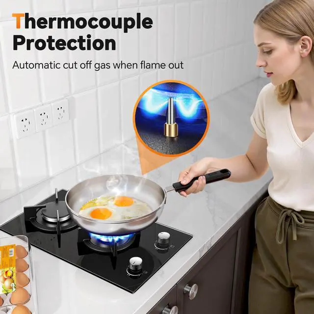 Alt view image 4 of 7 - Gas Stove 2 Burner, Propane Cooktop 12 Inch, Built-in Gas Cooktop Black Tempered Glass Stove Top with Thermocouple Protection, LPG/NG Dual Fuel Hob for Apartment, Kitchen, RV