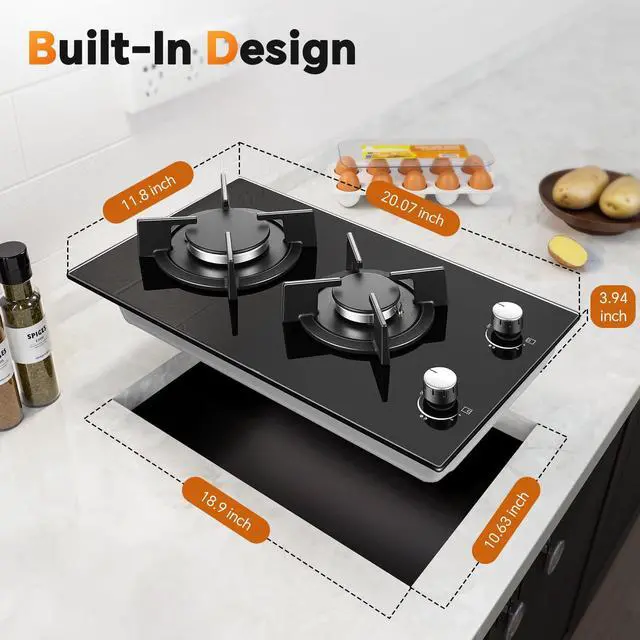 Alt view image 6 of 7 - Gas Stove 2 Burner, Propane Cooktop 12 Inch, Built-in Gas Cooktop Black Tempered Glass Stove Top with Thermocouple Protection, LPG/NG Dual Fuel Hob for Apartment, Kitchen, RV