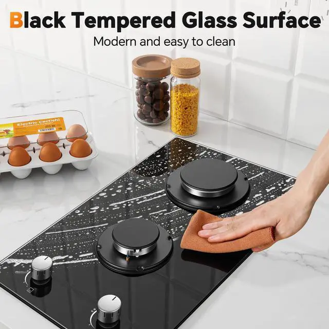 Alt view image 5 of 7 - Gas Stove 2 Burner, Propane Cooktop 12 Inch, Built-in Gas Cooktop Black Tempered Glass Stove Top with Thermocouple Protection, LPG/NG Dual Fuel Hob for Apartment, Kitchen, RV