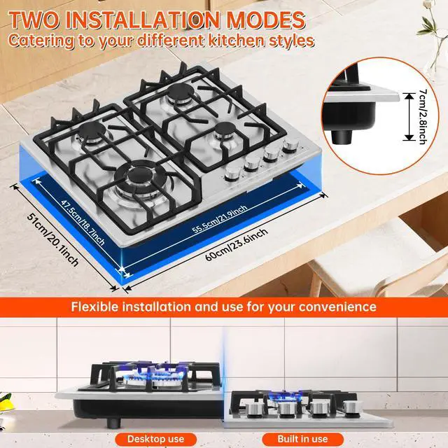 Alt view image 7 of 7 - 22x20 Built in Gas Cooktop 4 Burners Stainless Steel Stove with NG/LPG Conversion Kit Thermocouple Protection and Easy to Clean (20Wx22L)