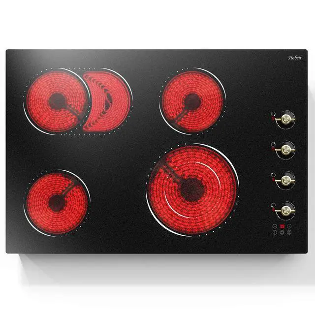 Main image of Hobsir 30 Inch Electric Cooktop, 4 Burner 6700W Dual Ring & Oval Burner | Golden Knob & Touch Control, 9 Heat Levels, Timer, Safety Lock, Residual Heat Warning for Convenient and Secure Cooking