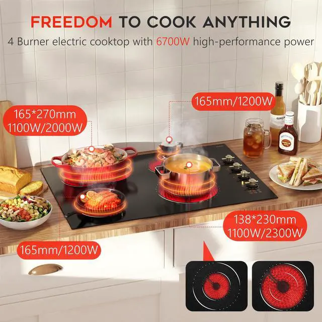 Alt view image 2 of 7 - Hobsir 30 Inch Electric Cooktop, 4 Burner 6700W Dual Ring & Oval Burner | Golden Knob & Touch Control, 9 Heat Levels, Timer, Safety Lock, Residual Heat Warning for Convenient and Secure Cooking