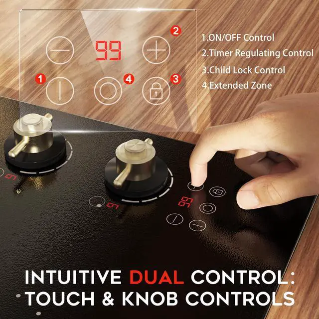 Alt view image 4 of 7 - Hobsir 30 Inch Electric Cooktop, 4 Burner 6700W Dual Ring & Oval Burner | Golden Knob & Touch Control, 9 Heat Levels, Timer, Safety Lock, Residual Heat Warning for Convenient and Secure Cooking