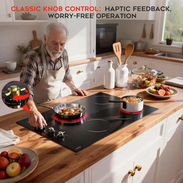 Alt view image 5 of 7 - Hobsir 30 Inch Electric Cooktop, 4 Burner 6700W Dual Ring & Oval Burner | Golden Knob & Touch Control, 9 Heat Levels, Timer, Safety Lock, Residual Heat Warning for Convenient and Secure Cooking