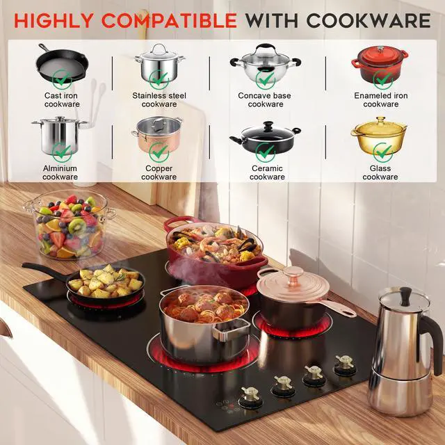 Alt view image 6 of 7 - Hobsir 30 Inch Electric Cooktop, 4 Burner 6700W Dual Ring & Oval Burner | Golden Knob & Touch Control, 9 Heat Levels, Timer, Safety Lock, Residual Heat Warning for Convenient and Secure Cooking