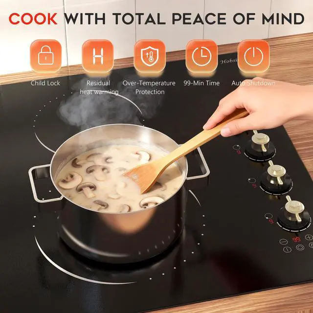Alt view image 7 of 7 - Hobsir 30 Inch Electric Cooktop, 4 Burner 6700W Dual Ring & Oval Burner | Golden Knob & Touch Control, 9 Heat Levels, Timer, Safety Lock, Residual Heat Warning for Convenient and Secure Cooking