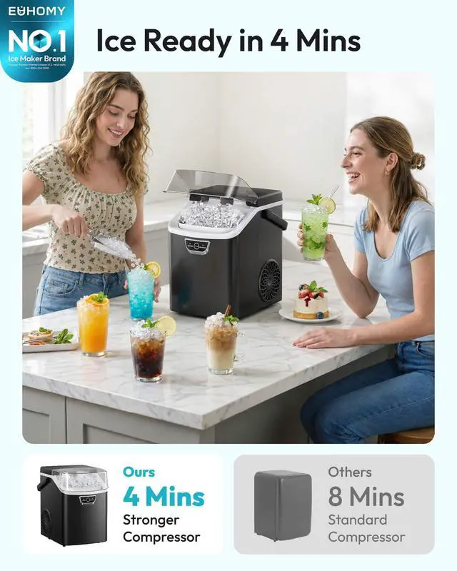 Alt view image 2 of 7 - Nugget Ice Maker Countertop with Handle, Ready in 4 Mins, Max 40lbs/24H, Chewable Ice, Self-Cleaning, Portable Sonic Ice Maker with Basket and Scoop, for Home/Party/RV/Camping (Black)
