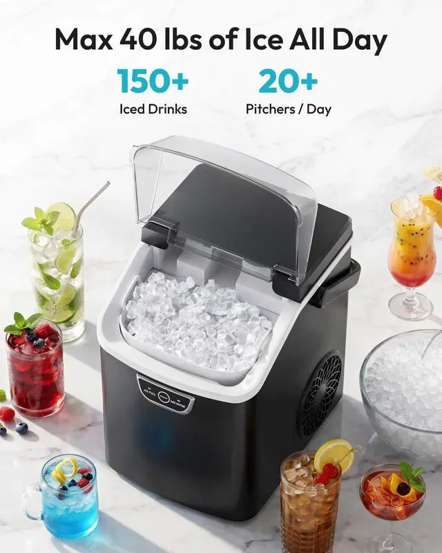 Alt view image 3 of 7 - Nugget Ice Maker Countertop with Handle, Ready in 4 Mins, Max 40lbs/24H, Chewable Ice, Self-Cleaning, Portable Sonic Ice Maker with Basket and Scoop, for Home/Party/RV/Camping (Black)