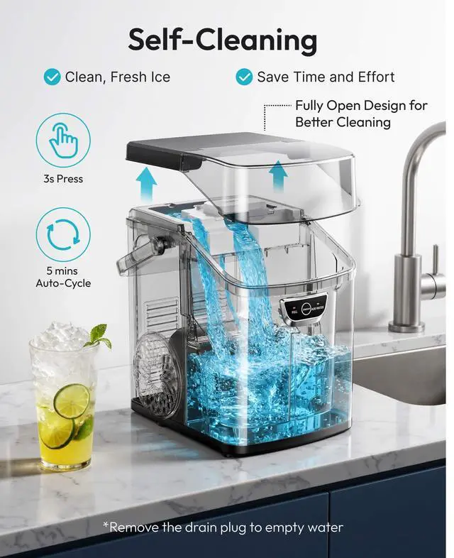 Alt view image 6 of 7 - Nugget Ice Maker Countertop with Handle, Ready in 4 Mins, Max 40lbs/24H, Chewable Ice, Self-Cleaning, Portable Sonic Ice Maker with Basket and Scoop, for Home/Party/RV/Camping (Black)