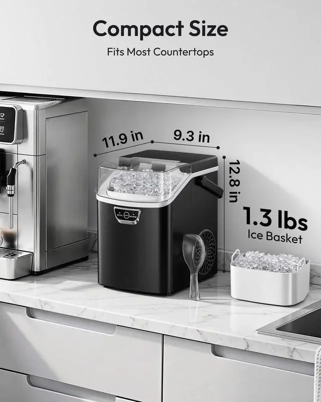 Alt view image 7 of 7 - Nugget Ice Maker Countertop with Handle, Ready in 4 Mins, Max 40lbs/24H, Chewable Ice, Self-Cleaning, Portable Sonic Ice Maker with Basket and Scoop, for Home/Party/RV/Camping (Black)