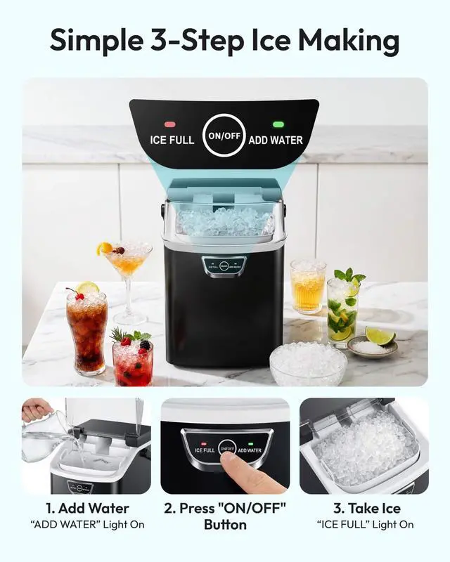Alt view image 5 of 7 - Nugget Ice Maker Countertop with Handle, Ready in 4 Mins, Max 40lbs/24H, Chewable Ice, Self-Cleaning, Portable Sonic Ice Maker with Basket and Scoop, for Home/Party/RV/Camping (Black)