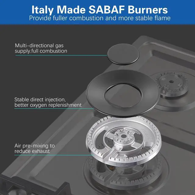 Alt view image 2 of 7 - Gas Cooktop 36 inch with 5 Italy Sabaf Sealed Burners, Max 48,300 BTU Built-in Gas Stove Top, Propane Cooktop with 304 Stainless Steel Panel, NG/LPG Convertible, CSA Certified