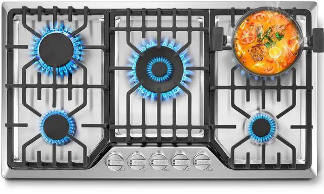 Main image of Gas Cooktop 36 inch with 5 Italy Sabaf Sealed Burners, Max 48,300 BTU Built-in Gas Stove Top, Propane Cooktop with 304 Stainless Steel Panel, NG/LPG Convertible, CSA Certified