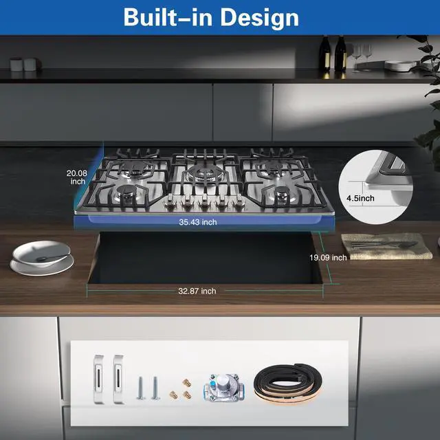 Alt view image 6 of 7 - Gas Cooktop 36 inch with 5 Italy Sabaf Sealed Burners, Max 48,300 BTU Built-in Gas Stove Top, Propane Cooktop with 304 Stainless Steel Panel, NG/LPG Convertible, CSA Certified