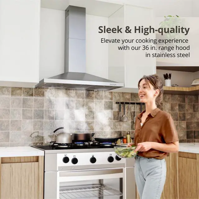 Alt view image 2 of 7 - Range Hood 36 inch with Ducted/Ductless Convertible, 450 CFM Stainless Steel Wall Mount Chimney-Style Kitchen Hood, Over Stove Vent Hood with 3 Speed Fan, Charcoal Filters