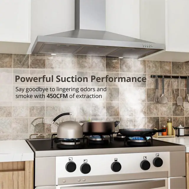 Alt view image 4 of 7 - Range Hood 36 inch with Ducted/Ductless Convertible, 450 CFM Stainless Steel Wall Mount Chimney-Style Kitchen Hood, Over Stove Vent Hood with 3 Speed Fan, Charcoal Filters