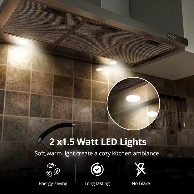 Alt view image 5 of 7 - Range Hood 36 inch with Ducted/Ductless Convertible, 450 CFM Stainless Steel Wall Mount Chimney-Style Kitchen Hood, Over Stove Vent Hood with 3 Speed Fan, Charcoal Filters