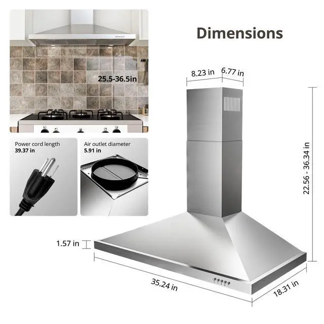 Alt view image 7 of 7 - Range Hood 36 inch with Ducted/Ductless Convertible, 450 CFM Stainless Steel Wall Mount Chimney-Style Kitchen Hood, Over Stove Vent Hood with 3 Speed Fan, Charcoal Filters