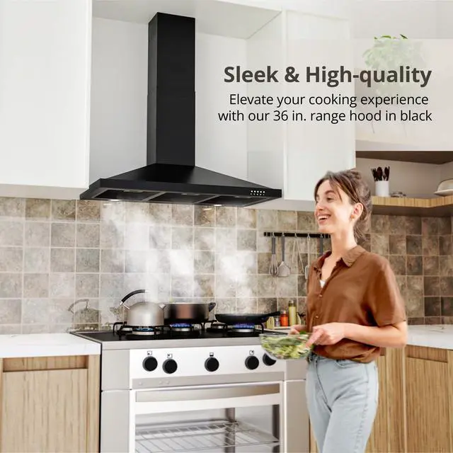 Alt view image 2 of 7 - Black Range Hood 36 inch with Ducted Convertible Ductless, Kitchen Wall Mount Chimney-Style Over Stove Vent, 3 Speed Exhaust Fan, LED Lights
