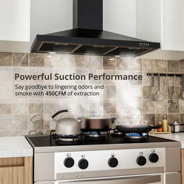 Alt view image 4 of 7 - Black Range Hood 36 inch with Ducted Convertible Ductless, Kitchen Wall Mount Chimney-Style Over Stove Vent, 3 Speed Exhaust Fan, LED Lights