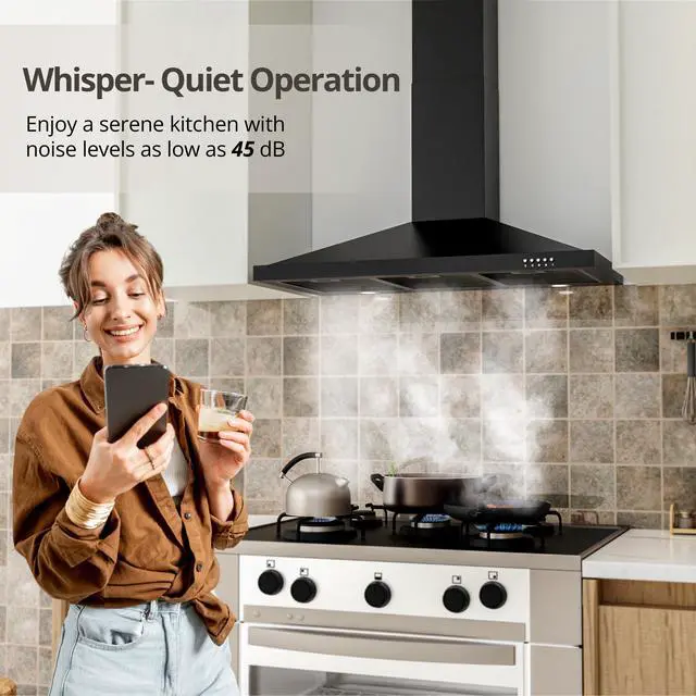 Alt view image 5 of 7 - Black Range Hood 36 inch with Ducted Convertible Ductless, Kitchen Wall Mount Chimney-Style Over Stove Vent, 3 Speed Exhaust Fan, LED Lights