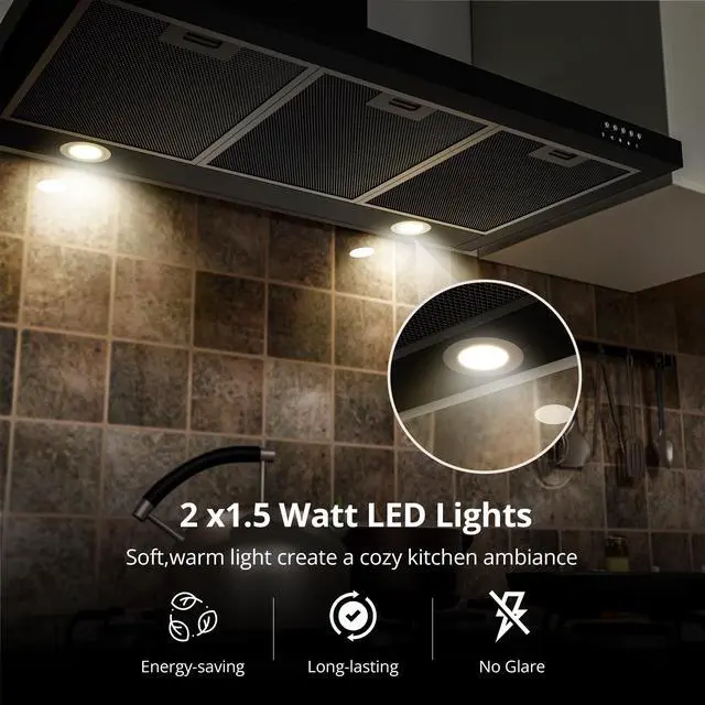 Alt view image 6 of 7 - Black Range Hood 36 inch with Ducted Convertible Ductless, Kitchen Wall Mount Chimney-Style Over Stove Vent, 3 Speed Exhaust Fan, LED Lights