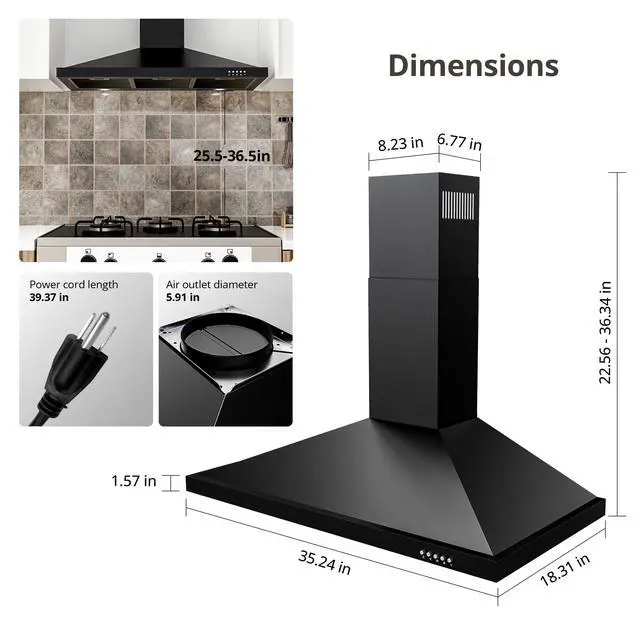 Alt view image 7 of 7 - Black Range Hood 36 inch with Ducted Convertible Ductless, Kitchen Wall Mount Chimney-Style Over Stove Vent, 3 Speed Exhaust Fan, LED Lights