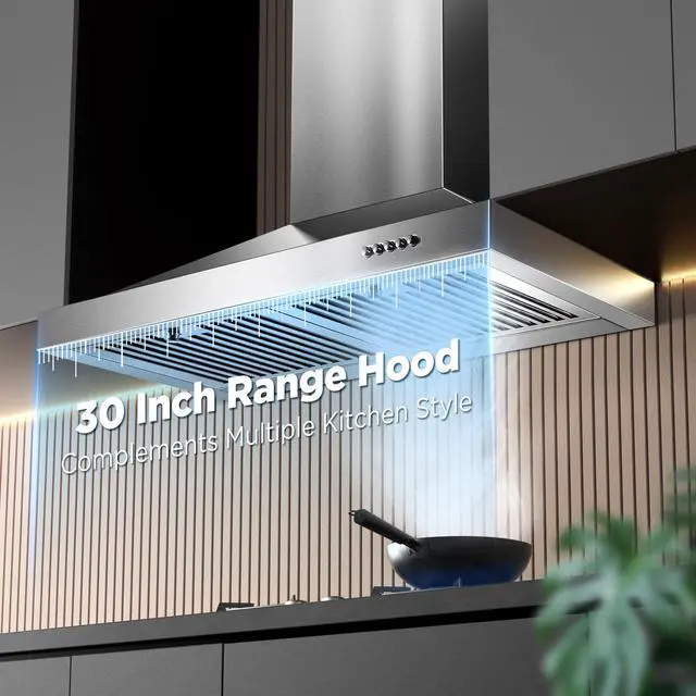 Alt view image 2 of 7 - Range Hood 30 inch, Wall Mount Vent Hood in Stainless Steel, Ducted/Ductless Convertible Duct, Kitchen Hood w/Baffle Filters, 3 Speed Fan, Energy Saving LED Light, Push Button Control