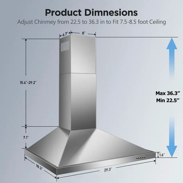 Alt view image 7 of 7 - Range Hood 30 inch, Wall Mount Vent Hood in Stainless Steel, Ducted/Ductless Convertible Duct, Kitchen Hood w/Baffle Filters, 3 Speed Fan, Energy Saving LED Light, Push Button Control