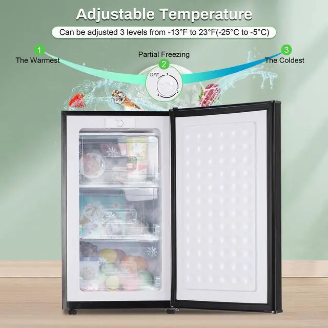 Alt view image 2 of 7 - Mini Upright freezer 3.6 Cubic Feet with Reversible Stainless Steel Door | Small freezer Single Door Compact Freezer with 3-Speed Temperature Adjustment for Home/Dorms/Office, Black