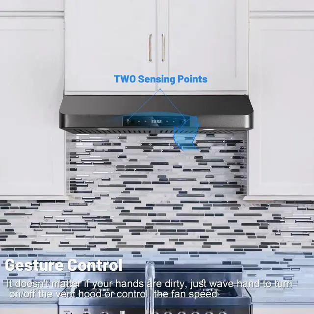 Alt view image 4 of 6 - 30inch Under Cabinet Range Hood, 900CFM Black Vent Hood | Two Powerful Motors, Gesture & Touch Control, Permanent Filters, Top/Rear Vents, Timer, Dimmable Lamps, Ducted Kitchen Hood