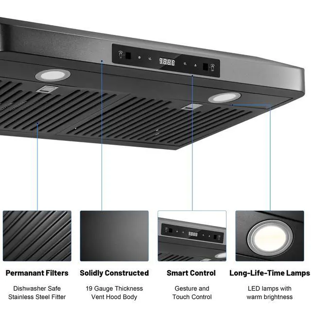 Alt view image 5 of 6 - 30inch Under Cabinet Range Hood, 900CFM Black Vent Hood | Two Powerful Motors, Gesture & Touch Control, Permanent Filters, Top/Rear Vents, Timer, Dimmable Lamps, Ducted Kitchen Hood