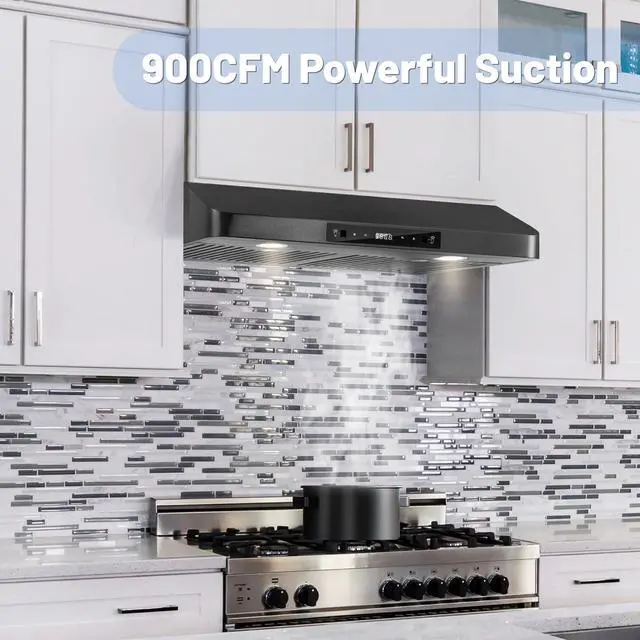 Alt view image 2 of 6 - 30inch Under Cabinet Range Hood, 900CFM Black Vent Hood | Two Powerful Motors, Gesture & Touch Control, Permanent Filters, Top/Rear Vents, Timer, Dimmable Lamps, Ducted Kitchen Hood