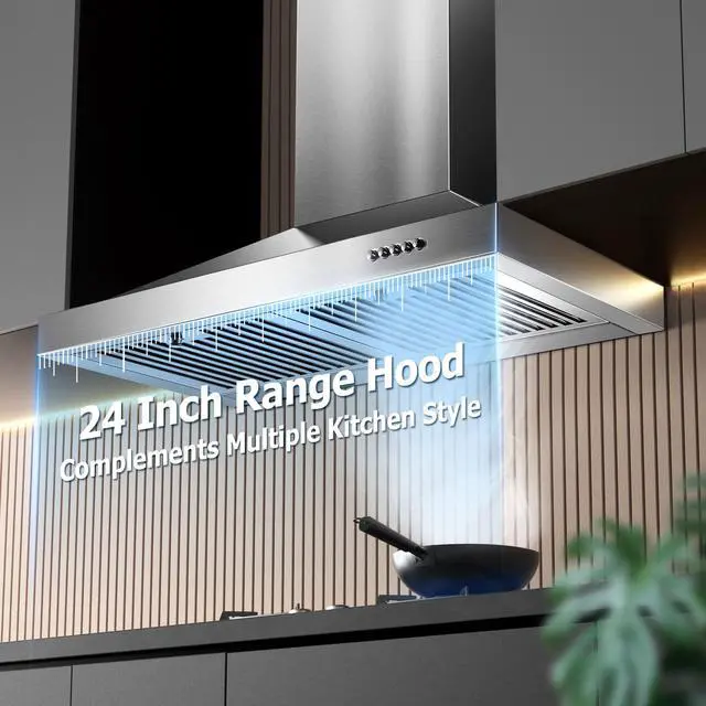Alt view image 2 of 7 - 24 Inch Range Hood, Wall Mount Vent Hood in Stainless Steel with Ducted/Ductless Convertible Duct, 3 Speed Exhaust Fan, Energy Saving LED Light, Push Button Control, 2 Pcs Baffle Filters