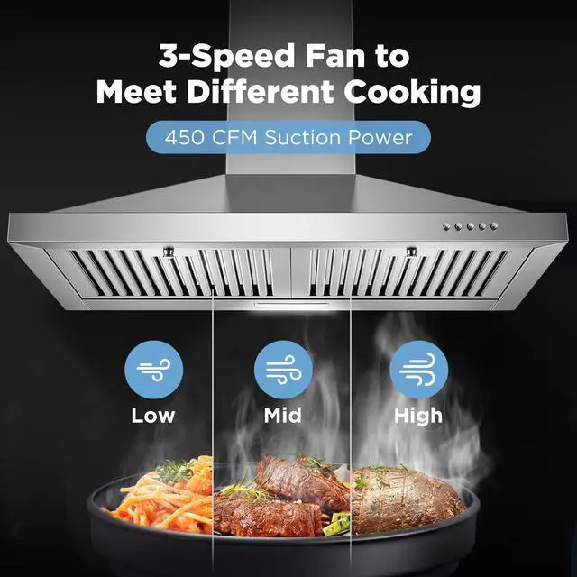 Alt view image 3 of 7 - Range Hood 30 inch, Wall Mount Vent Hood in Stainless Steel, Ducted/Ductless Convertible Duct, Kitchen Hood w/Baffle Filters, 3 Speed Fan, Energy Saving LED Light, Push Button Control