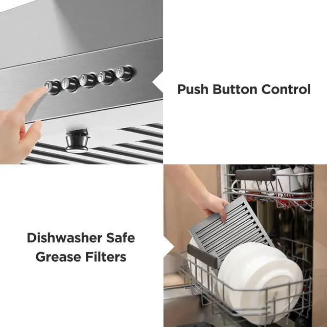 Alt view image 4 of 7 - Range Hood 30 inch, Wall Mount Vent Hood in Stainless Steel, Ducted/Ductless Convertible Duct, Kitchen Hood w/Baffle Filters, 3 Speed Fan, Energy Saving LED Light, Push Button Control