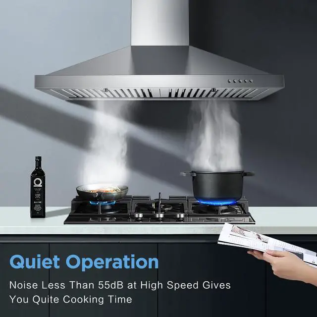 Alt view image 5 of 7 - Range Hood 30 inch, Wall Mount Vent Hood in Stainless Steel, Ducted/Ductless Convertible Duct, Kitchen Hood w/Baffle Filters, 3 Speed Fan, Energy Saving LED Light, Push Button Control
