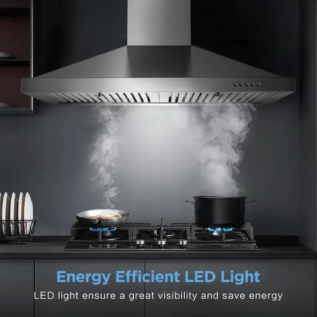 Alt view image 6 of 7 - Range Hood 30 inch, Wall Mount Vent Hood in Stainless Steel, Ducted/Ductless Convertible Duct, Kitchen Hood w/Baffle Filters, 3 Speed Fan, Energy Saving LED Light, Push Button Control
