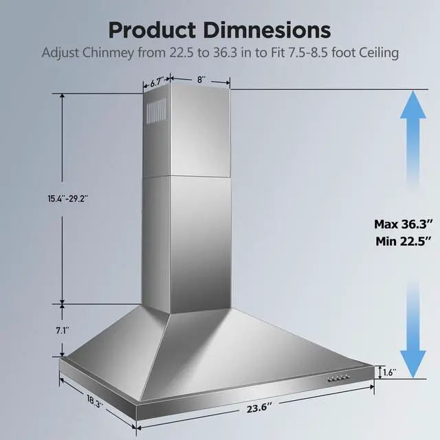 Alt view image 7 of 7 - 24 Inch Range Hood, Wall Mount Vent Hood in Stainless Steel with Ducted/Ductless Convertible Duct, 3 Speed Exhaust Fan, Energy Saving LED Light, Push Button Control, 2 Pcs Baffle Filters