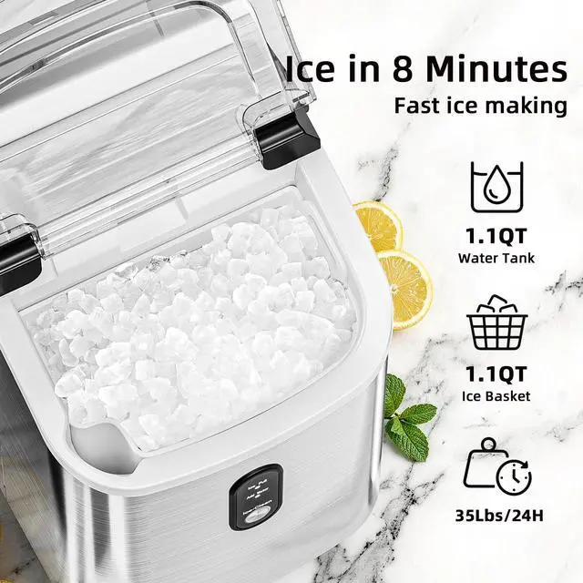 Alt view image 2 of 7 - Nugget Countertop Ice Maker with Soft Chewable Ice | Fast Making Ice 35Lbs/24H, Pebble Portable Ice Makers, Self-Cleaning, for Kitchen,Office Stainless Steel Silver