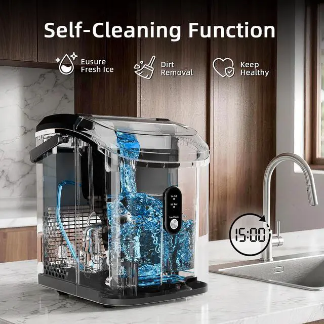 Alt view image 3 of 7 - Nugget Countertop Ice Maker with Soft Chewable Ice, 34Lbs/24H, Pebble Portable Ice Machine with Ice Scoop, Self-Cleaning, One-Click Operation, for Kitchen,Office Stainless Steel Black